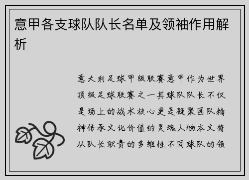 意甲各支球队队长名单及领袖作用解析